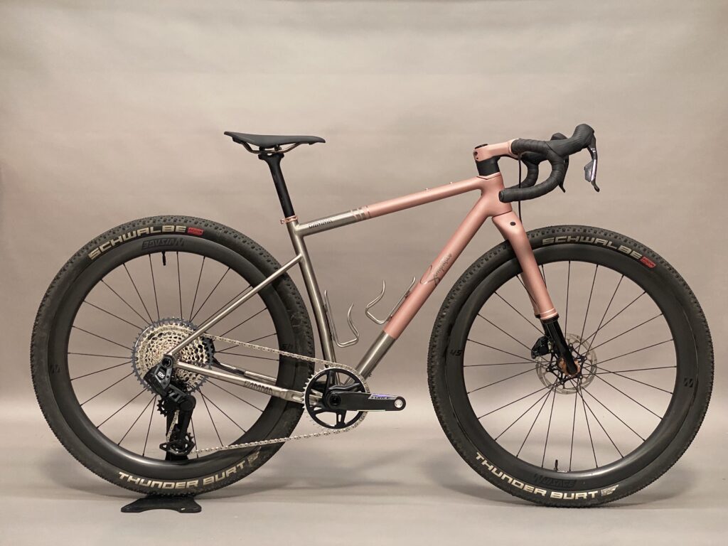 High-performance gravel bike featuring lightweight carbon frame and Schwalbe Thunder Burt tires.