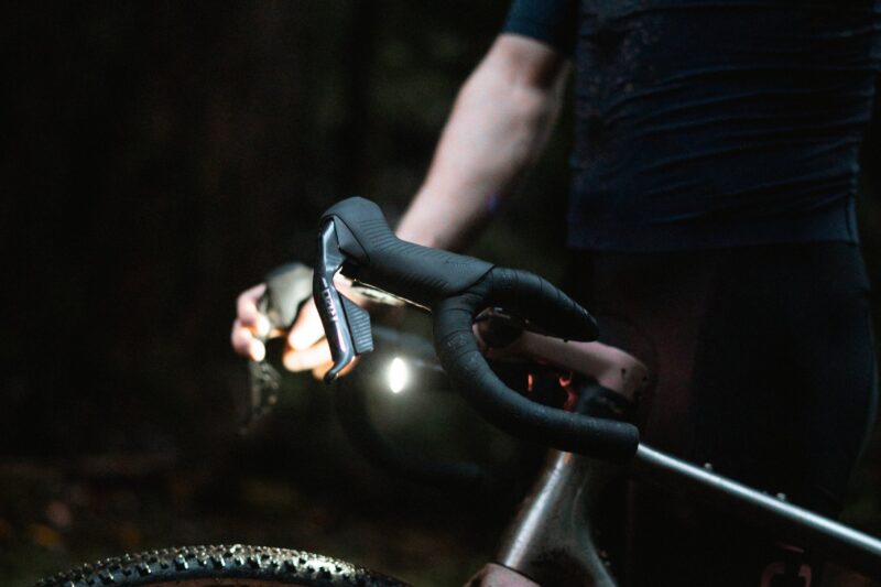 Gamma Race cockpit and front light detail on wet Otways gravel