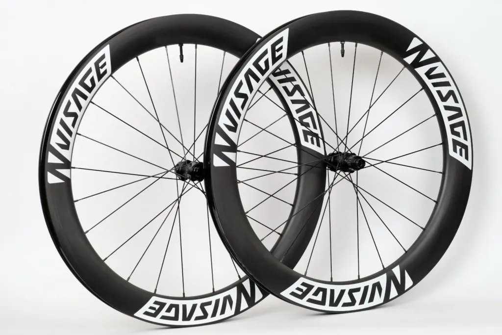 Pair of Nvisage AR65 carbon road wheels with 60 mm front and 65 mm rear rims